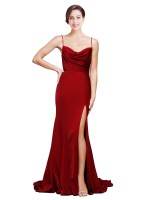 Cowl Front Neck Sweep Train Stretch Satin Prom Dresses with High Side Split