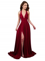 A-Line Halter Plunge V-Neckline Open Back Formal Spandex Bridesmaid Dress / Prom Dress with Slit