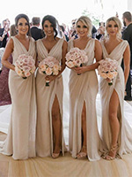 Chiffon Long Champagne Bridesmaid Dresses with Sexy High Slit and Front Ruffles