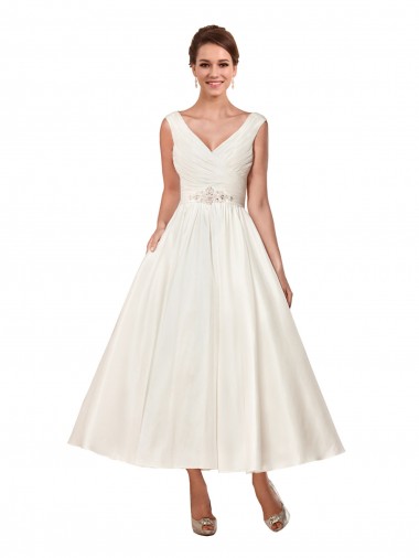 V-Neck A-Line Short Ankle Length Satin Wedding Dress