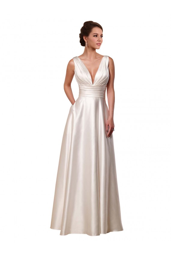 Deep V-Neck A-Line Satin Wedding Dress with Pockets