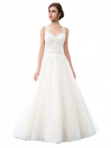 Illusion Neck A-Line Tulle Beach Wedding Dress with Lace Bodice