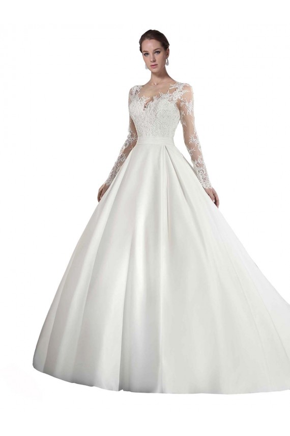 Long Sleeves Illusion Neck A-Line Satin Wedding Dress with Lace Bodice