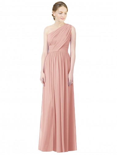 One Shoulder Long Chiffon Bridesmaid Dress with Shirred Waistband