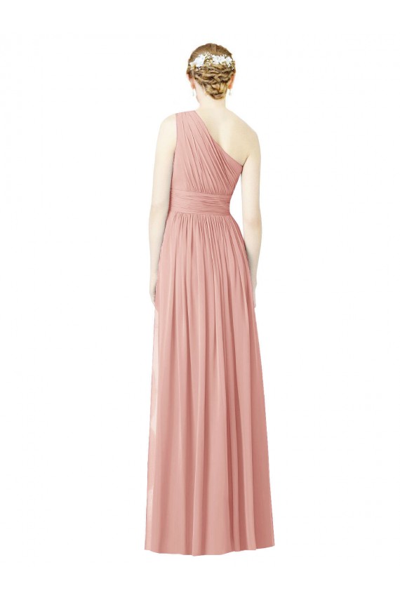 One Shoulder Long Chiffon Bridesmaid Dress with Shirred Waistband