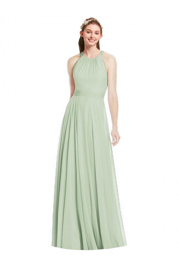 Open Back Halter Chiffon Bridesmaid Dress with Flowy Bow