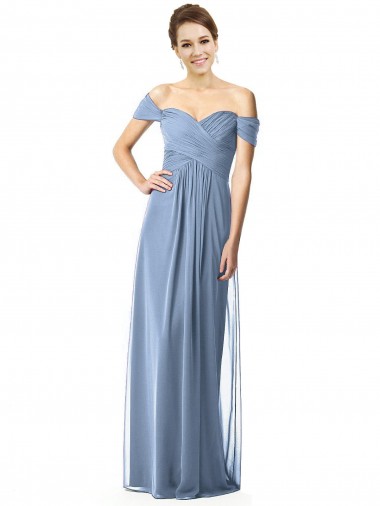 Off the Shoulder Chiffon Bridesmaid Dress with Draped Bodice