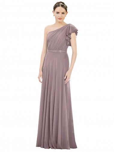 Full Length One Shoulder Chiffon Bridesmaid Dress with Shoulder Ruffle