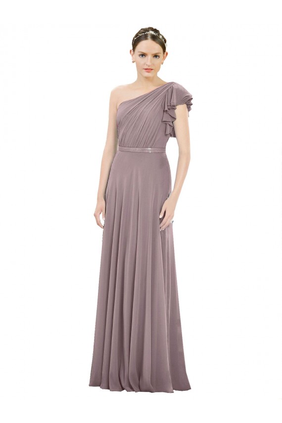 Full Length One Shoulder Chiffon Bridesmaid Dress with Shoulder Ruffle