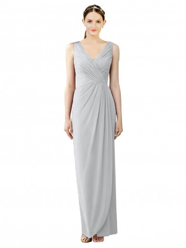 Draped Sleeveless Long Chiffon V-Neck Bridesmaid Dress