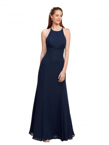 High Halter Fit and Flare Long Chiffon Bridesmaid Dress / Prom Dress with Criss Cross Low Back