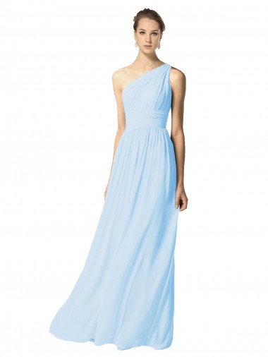 One Shoulder Long Chiffon Bridesmaid Dress with Shirred Bodice and Front Keyhole