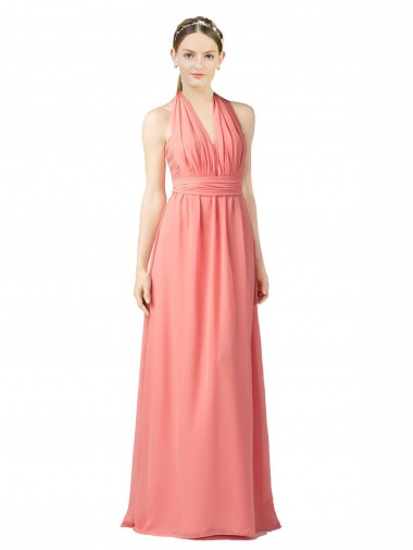 Shirred Bodice Full Length Long Chiffon Bridesmaid Dress