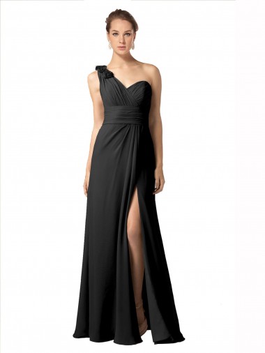 Sheer One Shoulder Chiffon A-Line Bridesmaid Dress with Slit