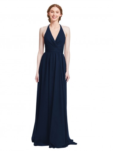 Halter Chiffon Bridesmaid Dress with V-Neckline and Criss Cross Waist