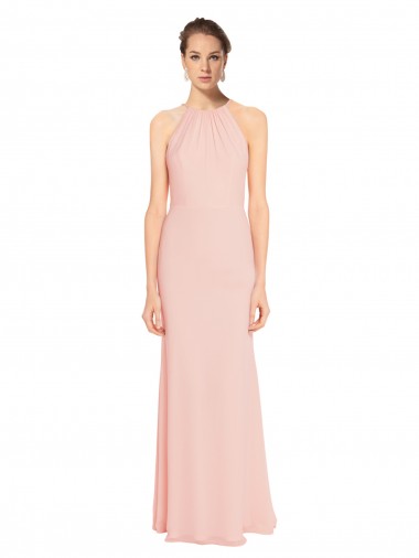 High Neck Long Chiffon Halter Bridesmaid Dress with Drape Chiffon Overlay