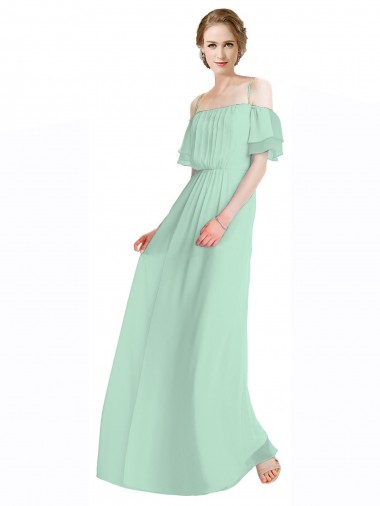 Spaghetti Straps Long Chiffon Off-The-Shoulder Bridesmaid Dress with Double Flounce Sleeves