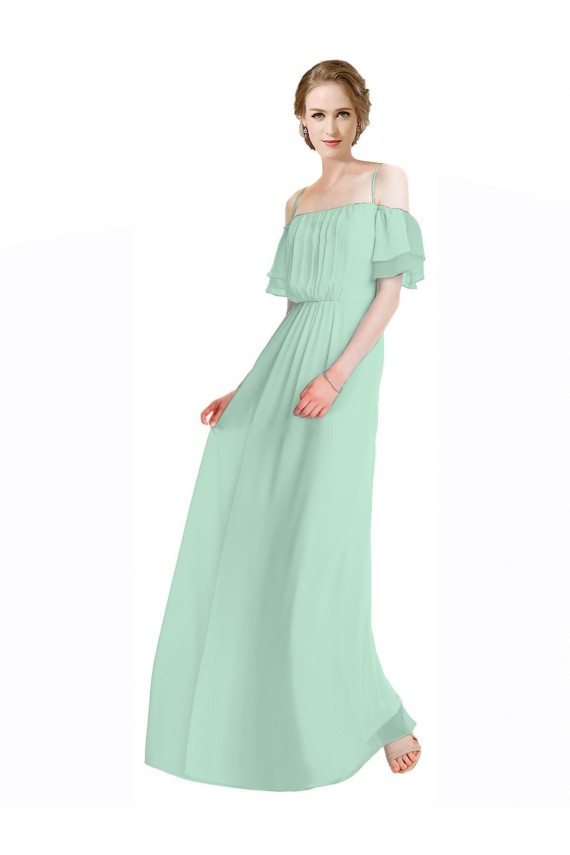 Spaghetti Straps Long Chiffon Off-The-Shoulder Bridesmaid Dress with Double Flounce Sleeves