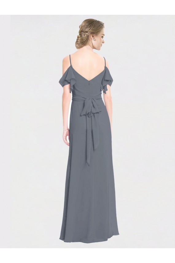 Long Chiffon Spaghetti Strap V-Neck Bridesmaid Dress with Off-The-Shoulder Flutter Sleeves