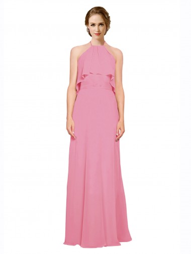 Ruffle Halter Neck A-Line Chiffon Bridesmaid Dress with Open Back