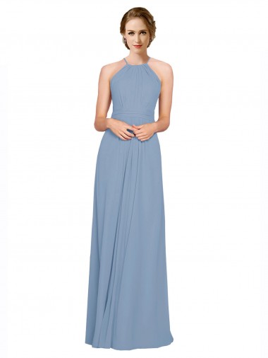 Pleated Halter Neckline A-Line Chiffon Bridesmaid with Criss Cross Back