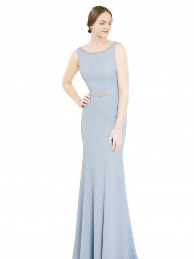 Full Length Chiffon Bridesmaid Dress with Sparkly Neckline and Belt