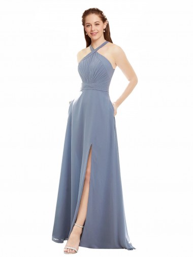 High Neck Chiffon Bridesmaid Dress with Draped Bodice & Pockets