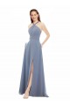 High Neck Chiffon Bridesmaid Dress with Draped Bodice & Pockets