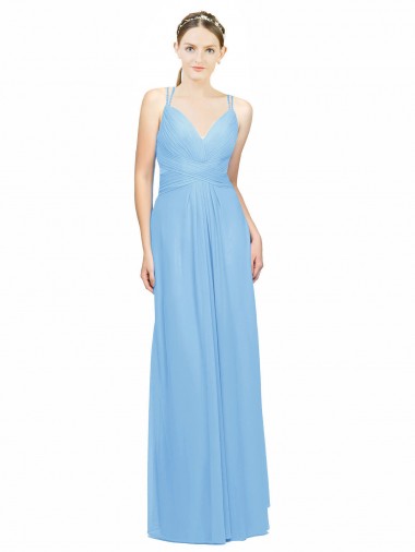 Double Straps Shoulder V-Neck Sheath Chiffon Bridesmaid Dress with Keyhole Back