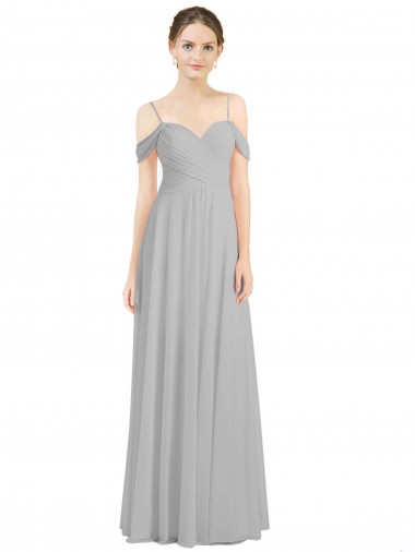 Off the Shoulder Long Chiffon Bridesmaid Dress with Ruched Bodice