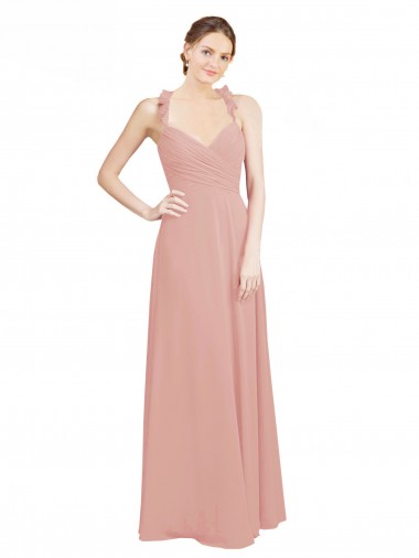 Ruched Sweetheart Halter Neckline Chiffon Bridesmaid Dress with Tie Open Back