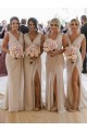 Chiffon Long Champagne Bridesmaid Dresses with Sexy High Slit and Front Ruffles