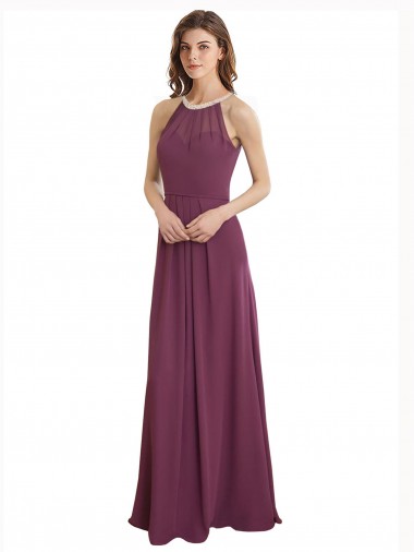 High Neckline Long Chiffon Bridesmaid Dress with Beaded Trim