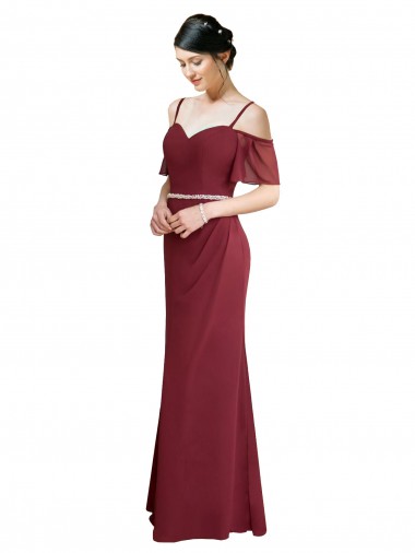 Draped Cold Shoulder Long Chiffon Bridesmaid Dress with Spaghetti Straps