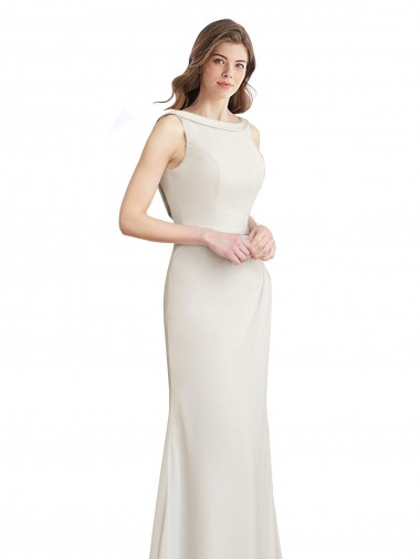 Long Chiffon Bridesmaid Dress with Boat Neckline and Satin Collar