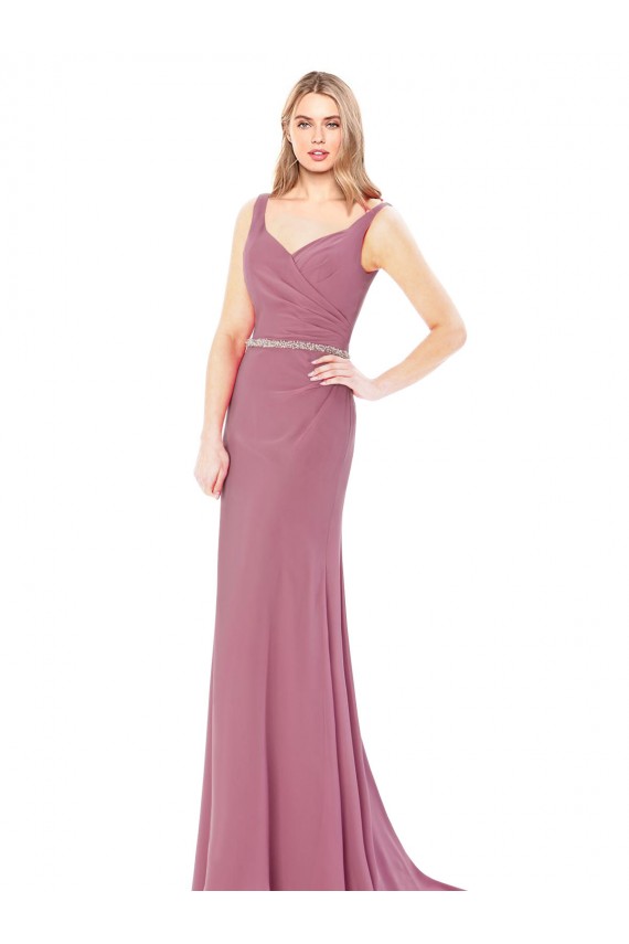 Long Slim Chiffon Bridesmaid Dress / Prom Dress with Beaded Waist