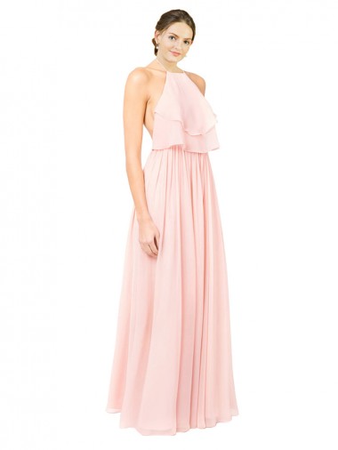 Halter Neck Chiffon Bridesmaid Dress with Double Ruffle Front