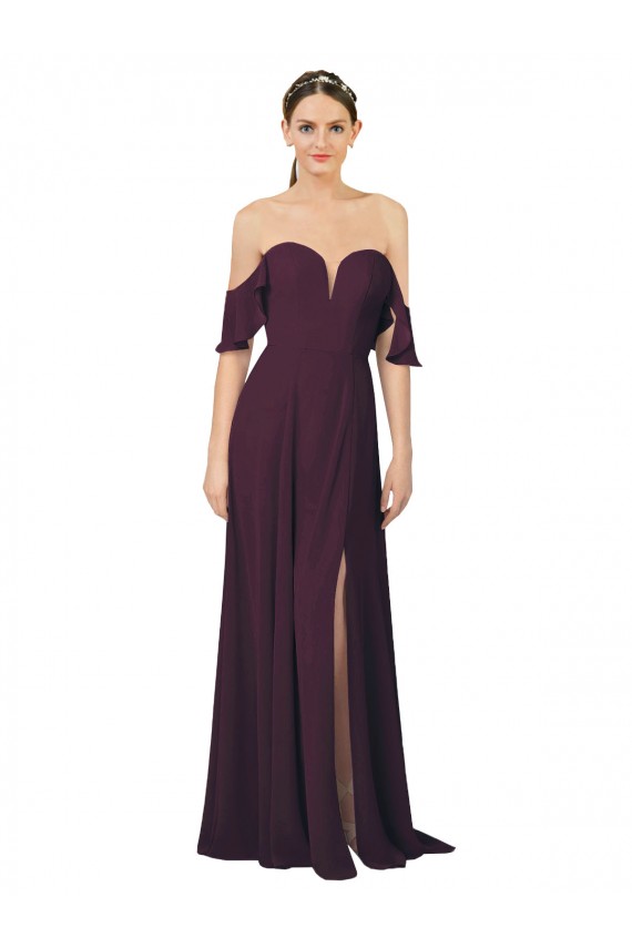 Romantic Off-Shoulder Chiffon Bridesmaid Dress with Plunging V-Neck