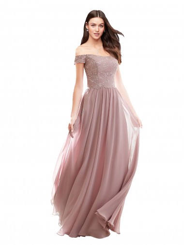 Floor Length Chantilly Lace Off the Shoulder Chiffon Bridesmaid Dress