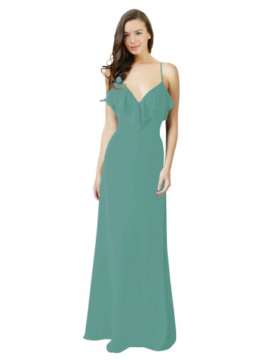 Full Length Chiffon Bridesmaid Dress with Ruffled V-Neckline