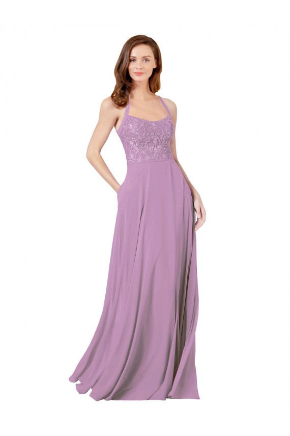 Floral Detailed Chiffon Bridesmaid Dress with Keyhole Back