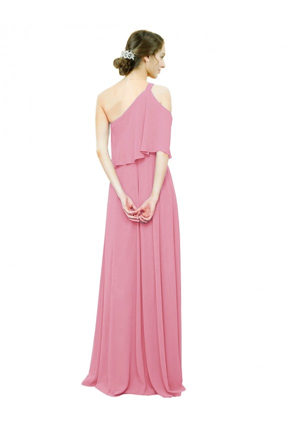 Sleeved One Shoulder Chiffon Bridesmaids Dress with Draped Ruffle Overlay