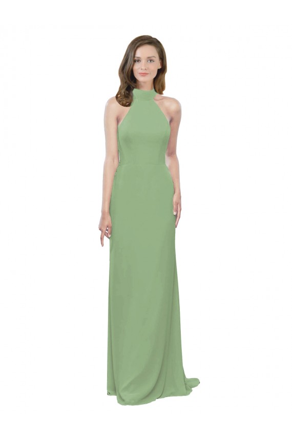 High Collar Halter Neck Chiffon Bridesmaid Dress with Long Back Tie