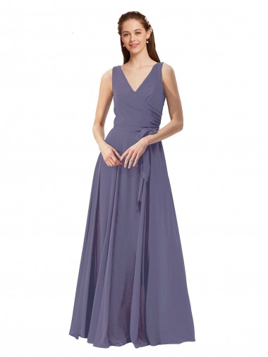 V-Neck Long Draped A-Line Chiffon Bridesmaid Dress