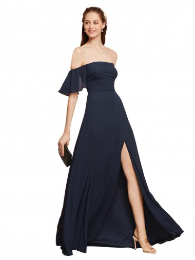 Off the Shoulder Floaty Sleeves Chiffon Bridesmaid Dress / Prom Dress with High Slit