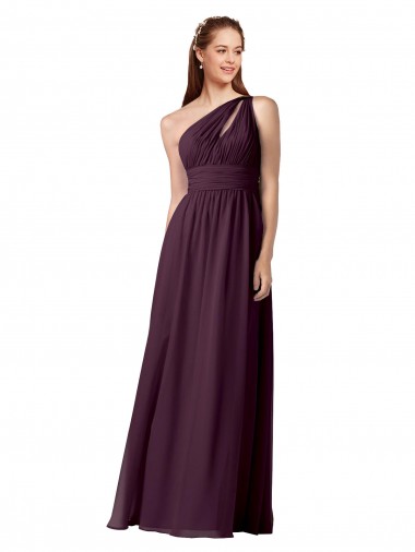 One Shoulder Chiffon Bridesmaid Dress with Front Keyhole and Shirred Bodice