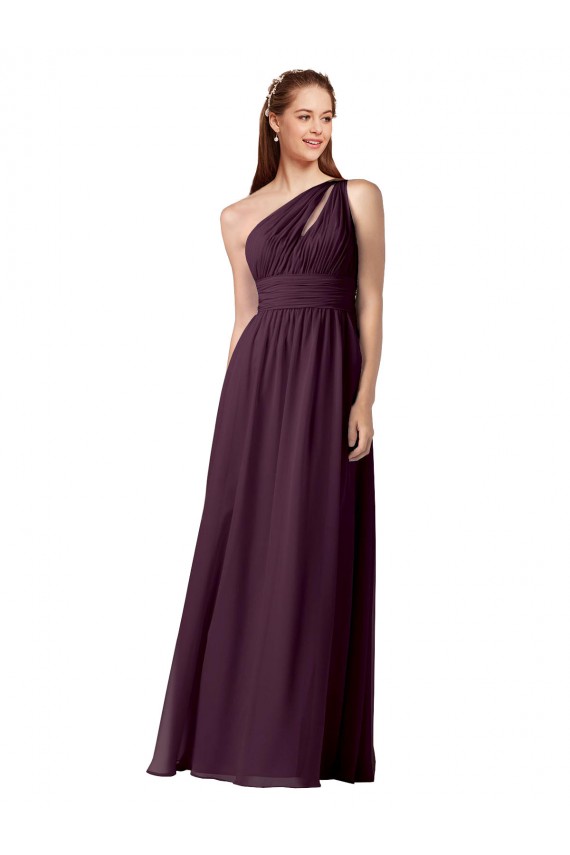 One Shoulder Chiffon Bridesmaid Dress with Front Keyhole and Shirred Bodice