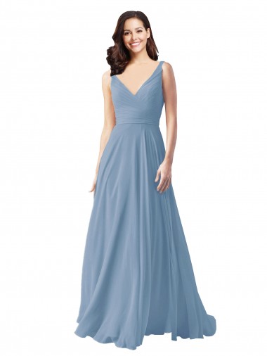 Long Chiffon V-Neck and Self Sash Bridesmaid Dress with Shirred Criss Cross Bodice