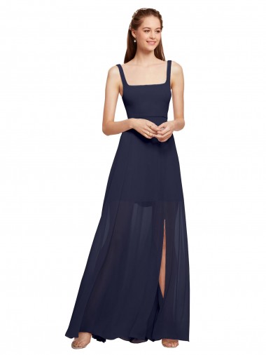 Squre Necked Long Chiffon Bridesmaid Dress with Front Slit