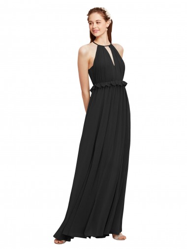 Halter Neck Front Keyhole Chiffon Bridesmaid Dress with Shirred Waist